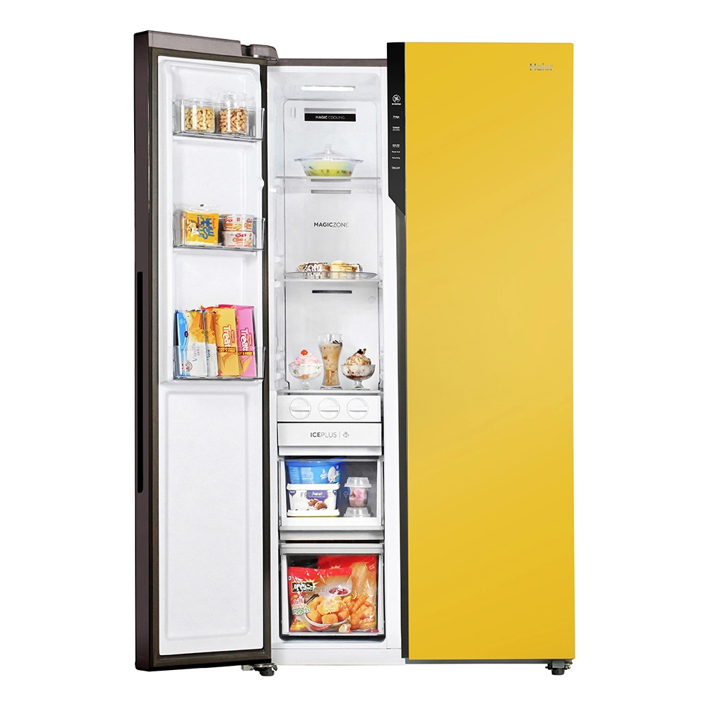 Haier Vogue Series 602L , Black Yello w Glass Finish 2 Door Side by side Convertible Refrigerator HRS-682KYG